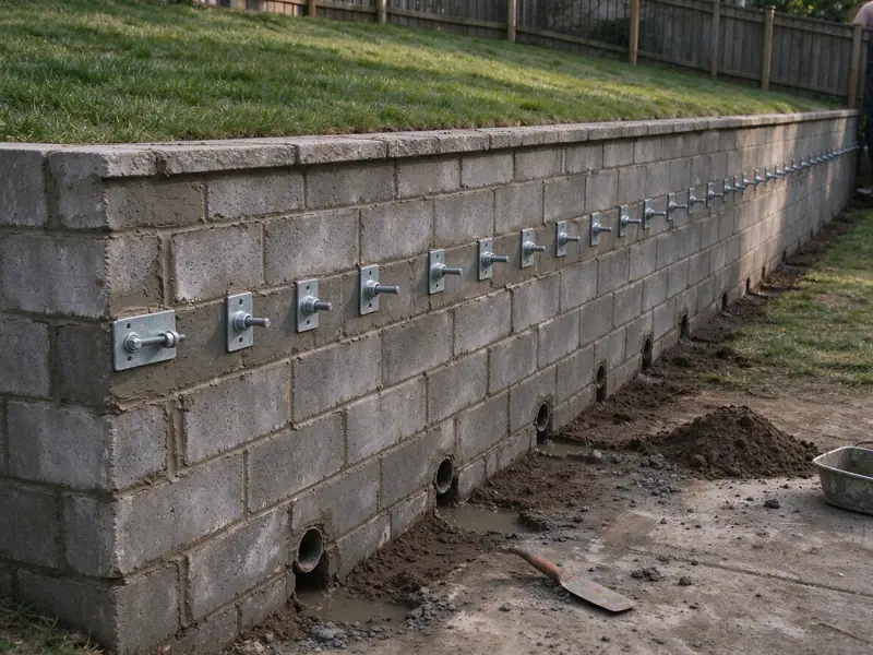 Typical result: the same style of block retaining wall held by anchor plates, joints repaired and drainage added in a Brooklyn yard