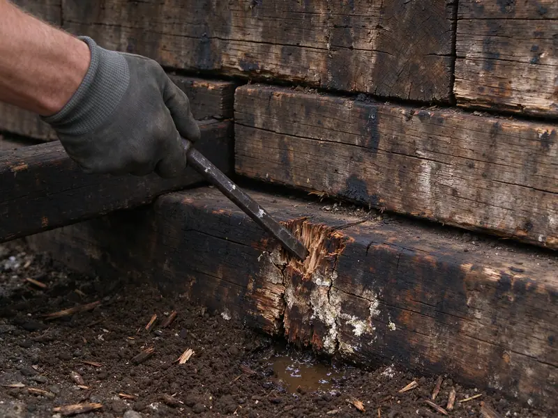 Awl pushed deep into soft rotted wood at the base of a railroad-tie retaining wall on Staten Island