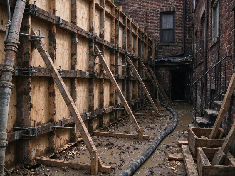 Braced plywood forms ready for a concrete retaining wall pour in a Brooklyn rear yard