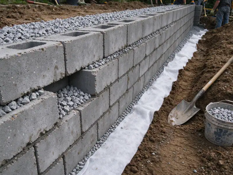 Clean crushed stone filling block cores and the drainage zone behind a retaining wall on Staten Island