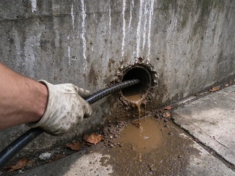 Gloved hand pushing a drain rod into a clogged weep hole at the base of a concrete retaining wall in the Bronx