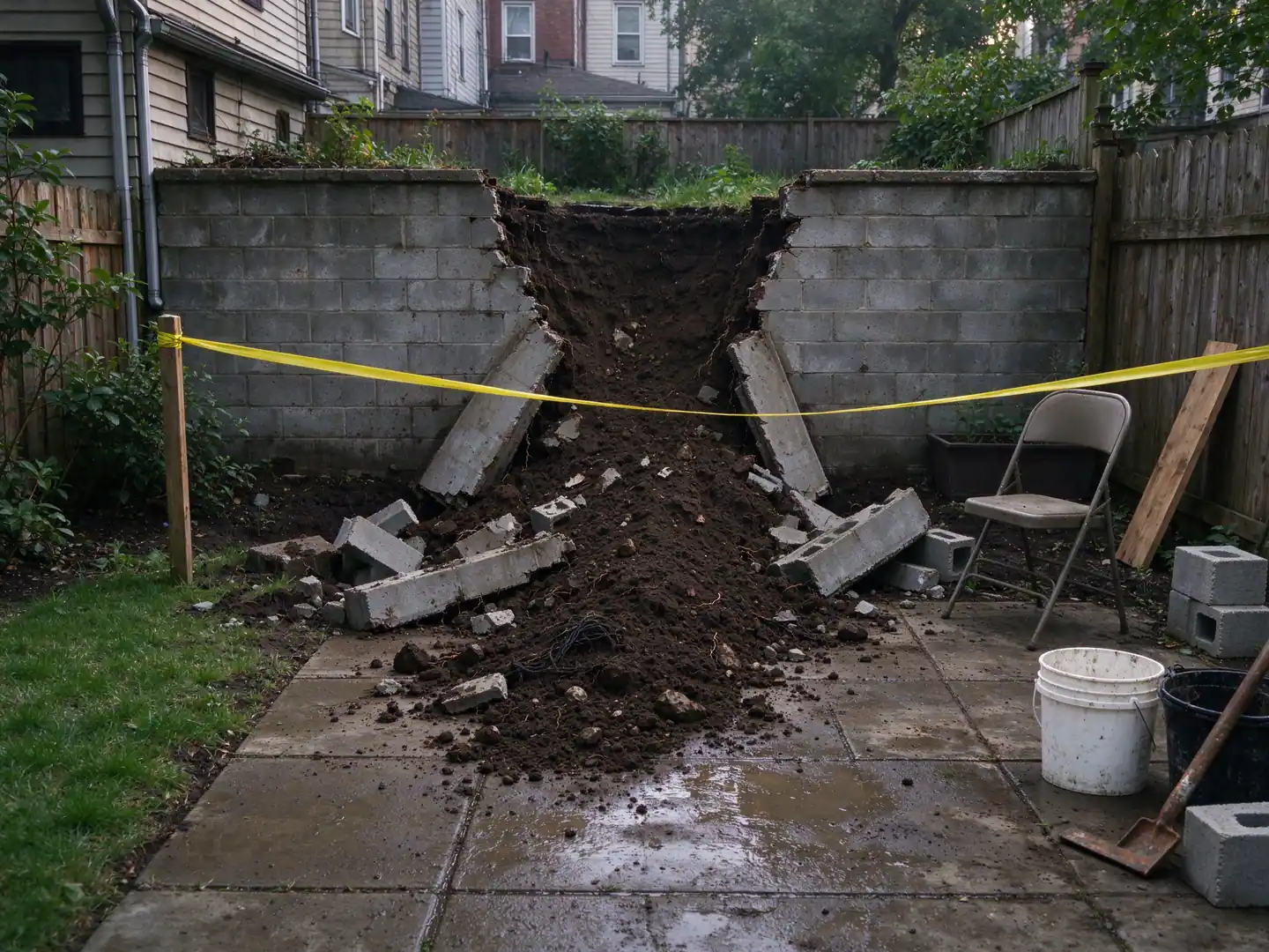 Collapsed section of a backyard retaining wall with spilled soil and caution tape strung around it in New York City