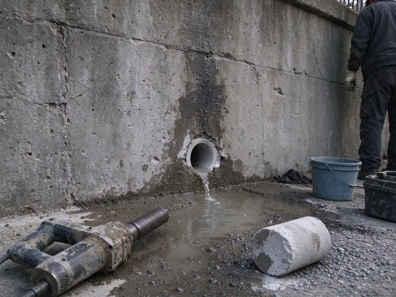Newly core-drilled weep hole draining water from an old concrete retaining wall on Staten Island