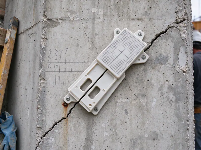 Crack monitor gauge fixed across a crack in a leaning retaining wall in the Bronx