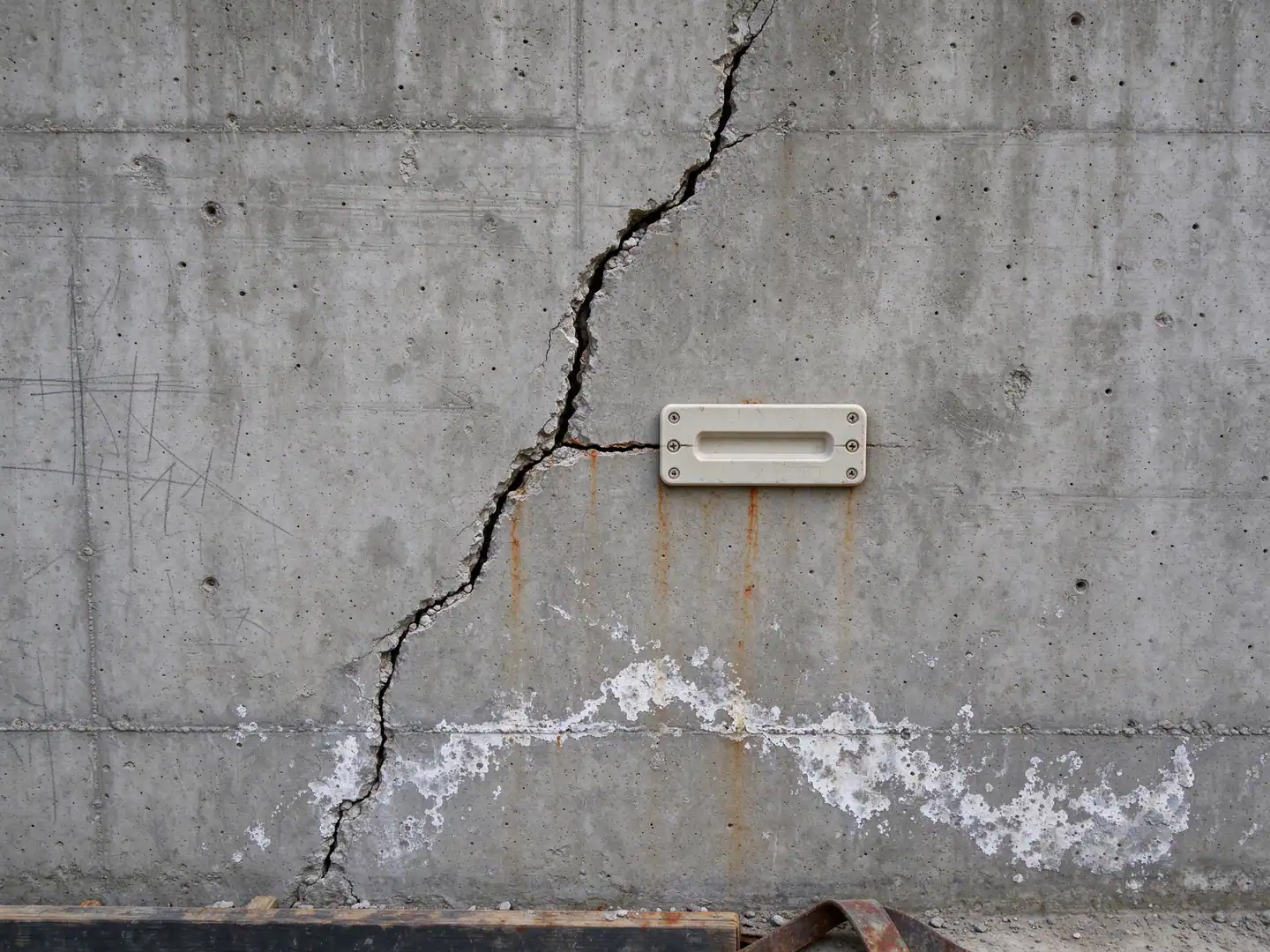 Crack monitoring gauge fixed across a diagonal crack in an old concrete retaining wall in New York City