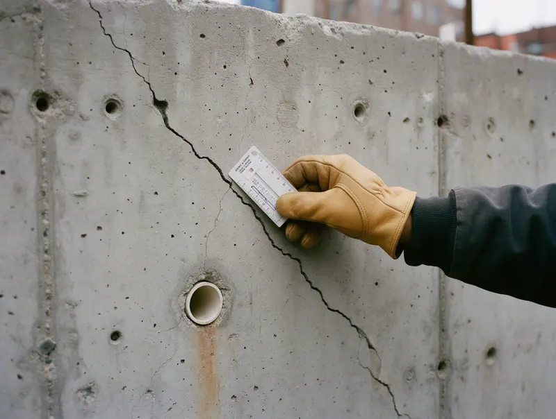 Gloved hand holding a crack-width card against a stepped crack beside a weep hole in a concrete retaining wall