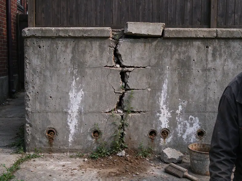 Typical condition: cracked concrete retaining wall with clogged weep holes, efflorescence and a loose cap in a Queens yard