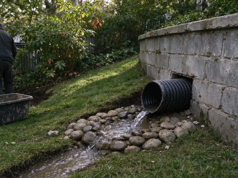 Drain pipe outlet daylighting at the end of a retaining wall onto a stone splash pad in Little Neck, Queens