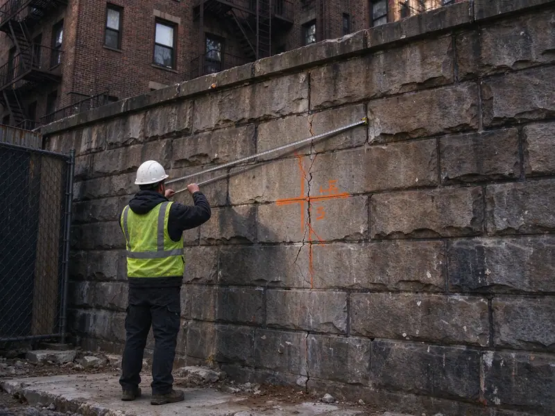 Engineer measuring the face of a tall stone retaining wall behind a co-op building in Washington Heights