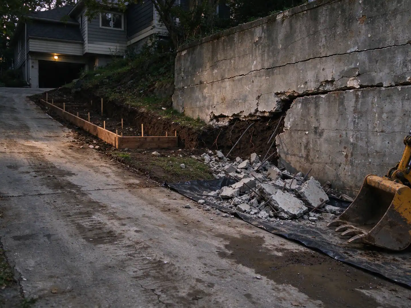Partly demolished cracked concrete retaining wall beside a sloped driveway on Staten Island, with debris and new footing forms