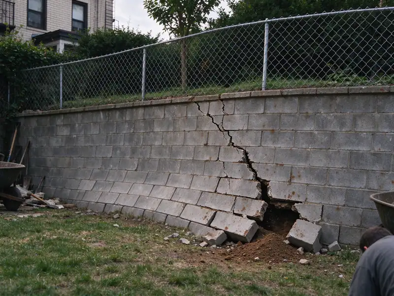 Typical condition: a concrete block retaining wall rotating at its base with open cracks and fallen sections in a Queens yard