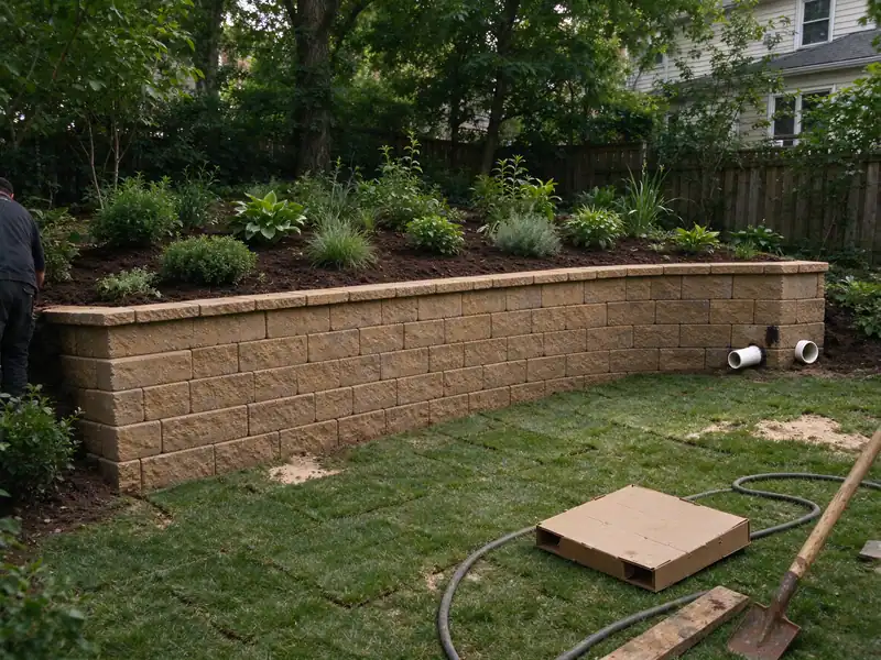 Finished segmental block terrace wall that replaced a railroad-tie wall in a Whitestone, Queens backyard