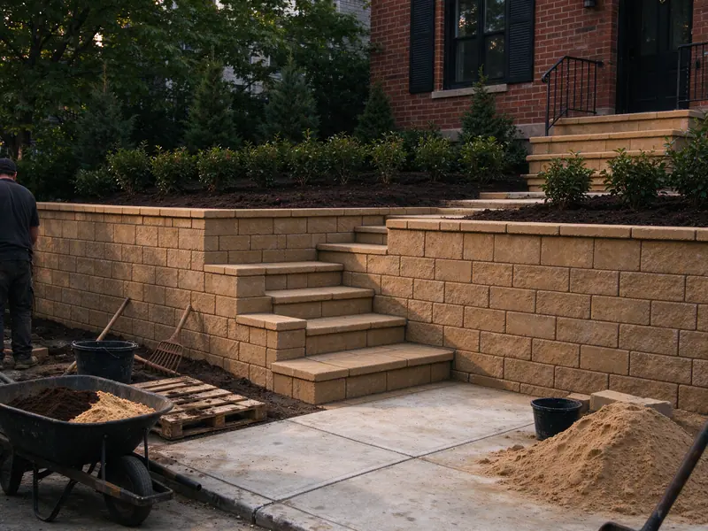 Finished capped segmental block retaining wall with built-in steps in a Dyker Heights, Brooklyn front yard