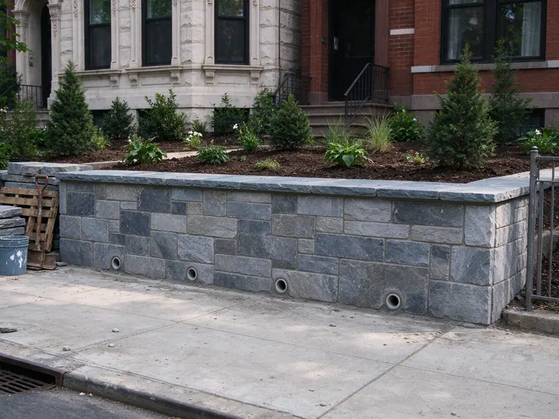 Finished replacement retaining wall faced with stone veneer and a bluestone cap in front of a Bay Ridge, Brooklyn house