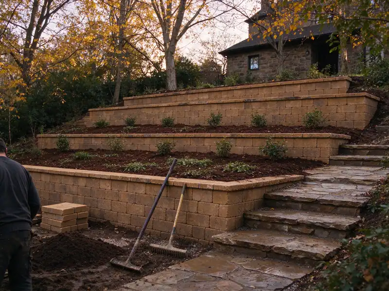 Finished terraced retaining walls with new plantings on a hillside garden in Riverdale, the Bronx
