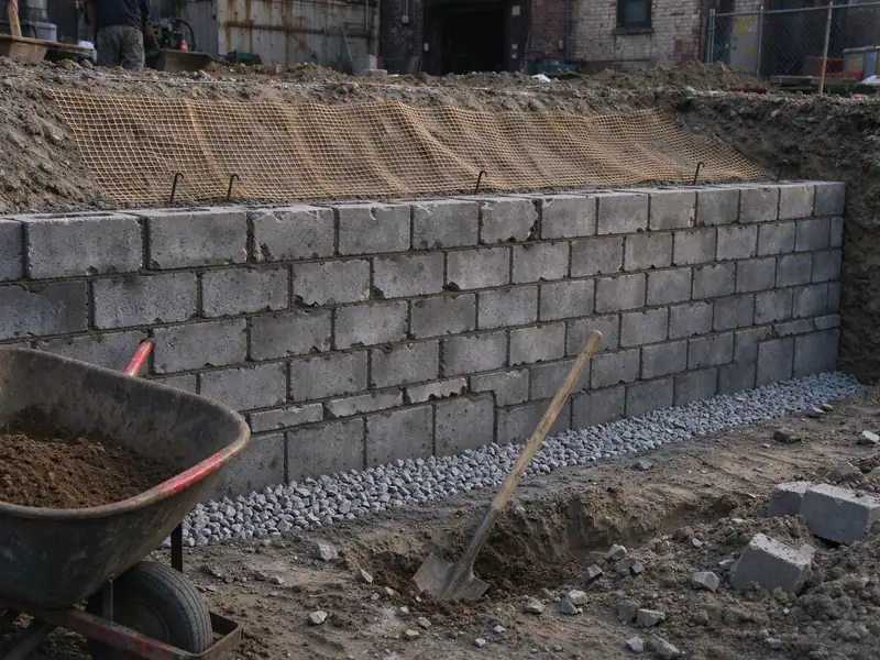 Layer of geogrid reinforcement rolled out over compacted fill behind a segmental block retaining wall under construction