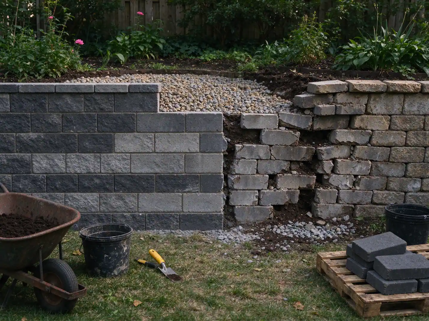 Block retaining wall with one freshly reset section beside a bulging failed section in a Queens backyard