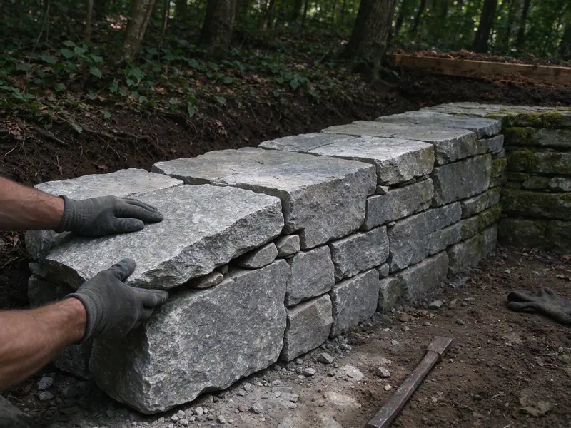 Gloved hands setting a gray stone into a dry-laid natural stone retaining wall