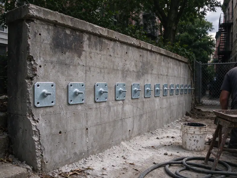 Steel anchor bearing plates installed in a row across the face of a leaning concrete retaining wall