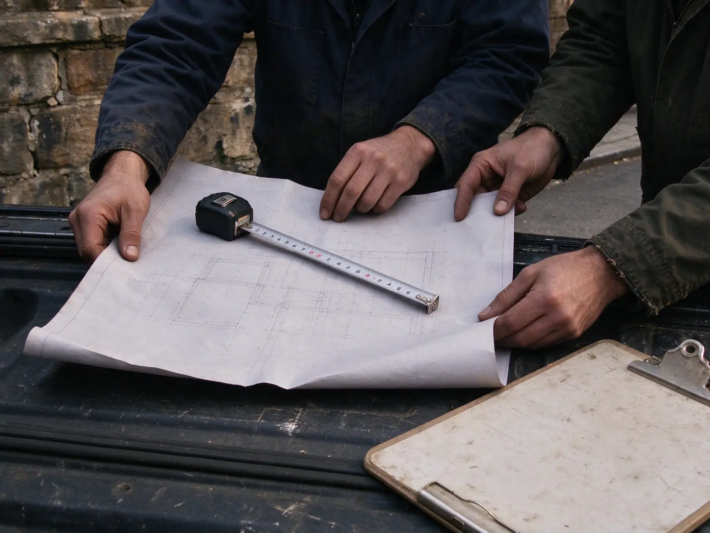 Homeowner and contractor seen from behind reviewing a set of plans on a tailgate beside a retaining wall in Brooklyn