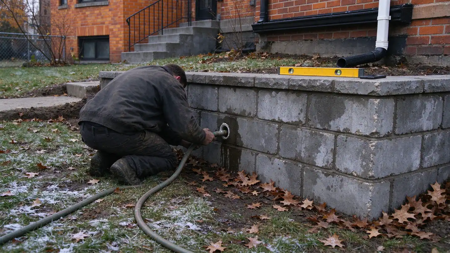 Person seen from behind clearing a weep hole at the base of a gray block retaining wall in a frosty late-autumn yard in Queens