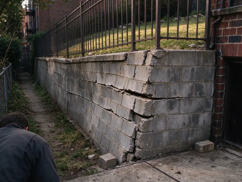 Typical condition: a concrete block retaining wall leaning and bowed outward with open joints in a Brooklyn yard