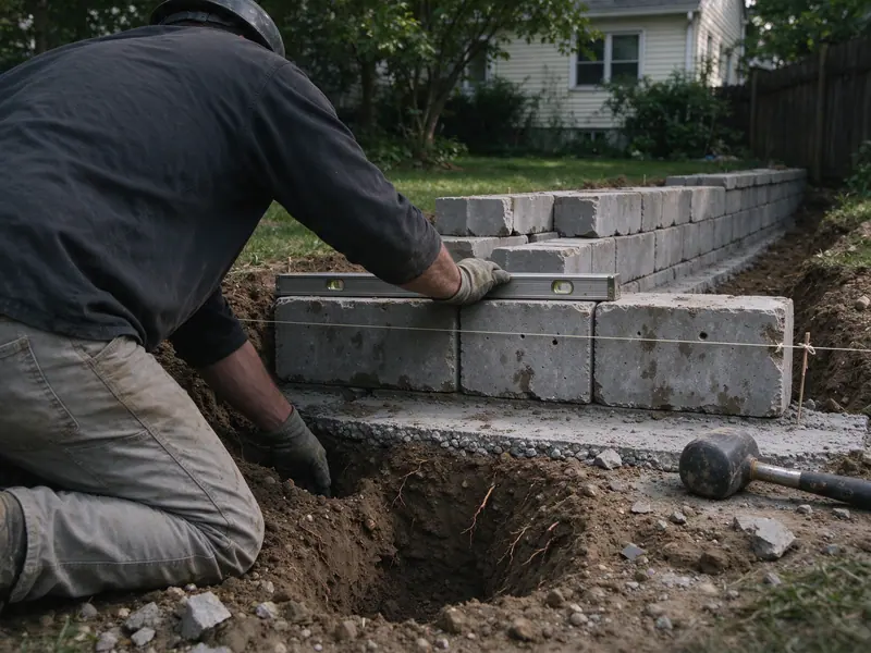 Worker leveling the buried first course of a segmental block retaining wall in Whitestone, Queens
