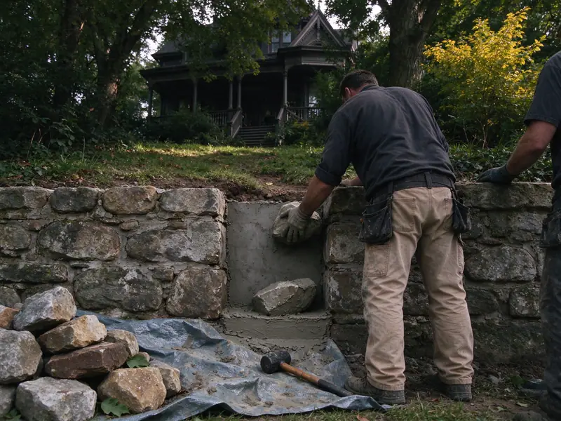 Mason resetting loose stones in a mortared fieldstone retaining wall in a St. George, Staten Island yard