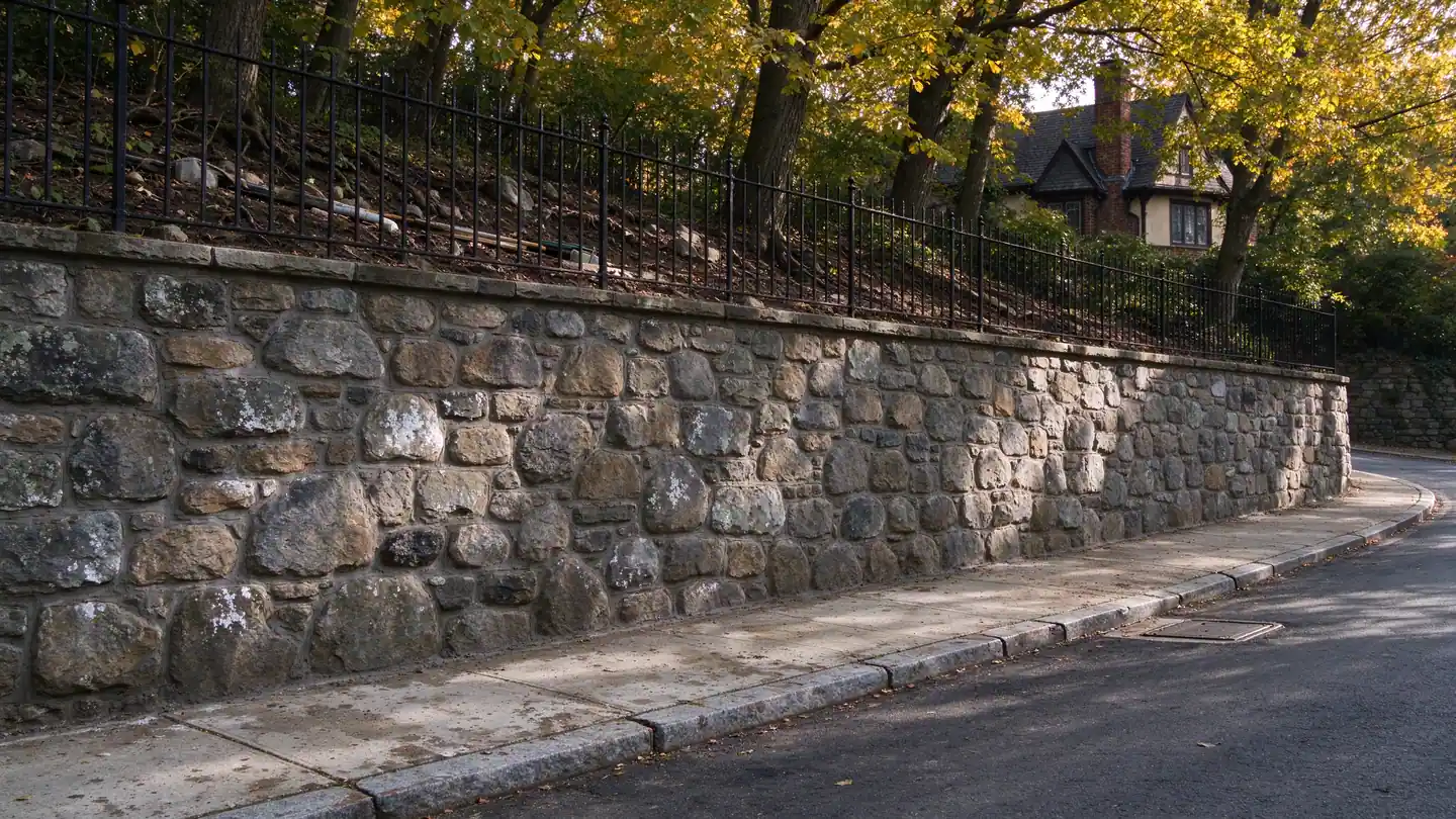 Tall mortared stone retaining wall along a hilly residential street in Douglaston, Queens