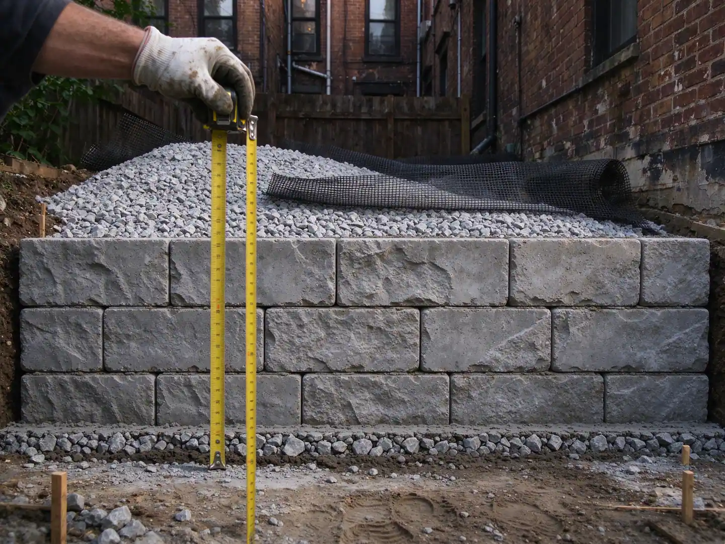 Tape measure stretched from the footing to the top course of a new block retaining wall under construction in a Brooklyn backyard