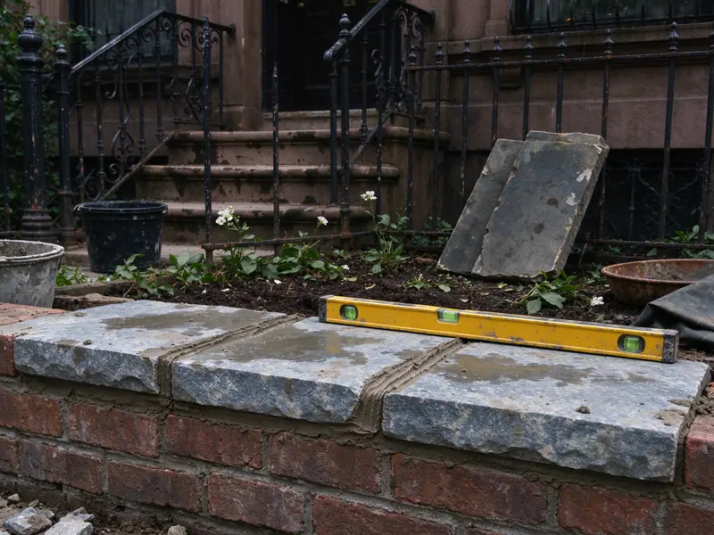 Freshly set bluestone cap slabs on a brick garden retaining wall in a Park Slope, Brooklyn front areaway