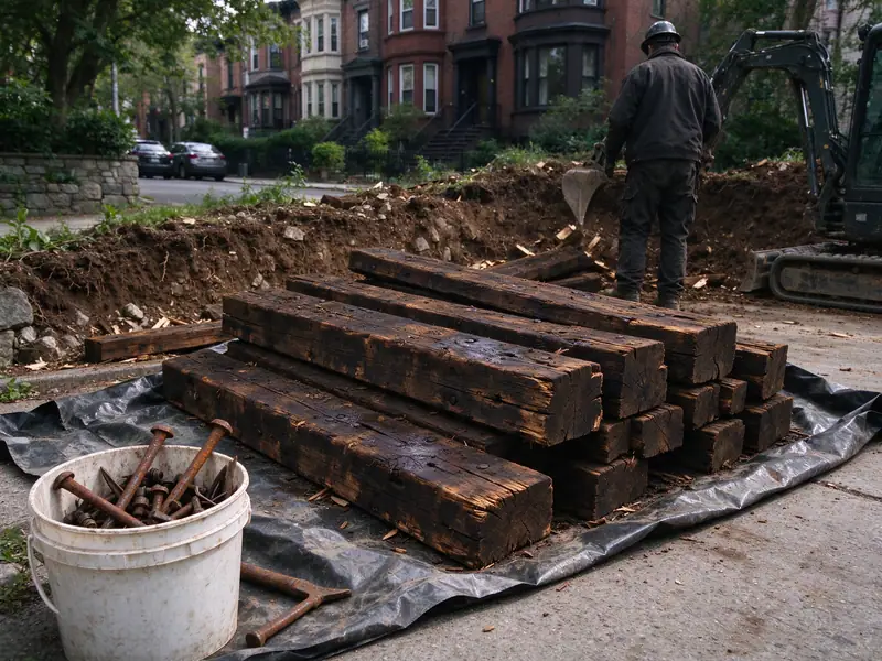 Removed railroad ties stacked on a tarp for proper disposal in a Bayside, Queens driveway