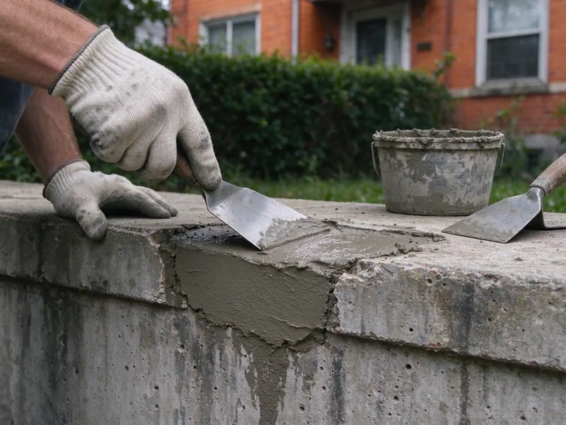 Gloved hands troweling repair mortar into a spalled section of a concrete retaining wall cap in Flushing, Queens