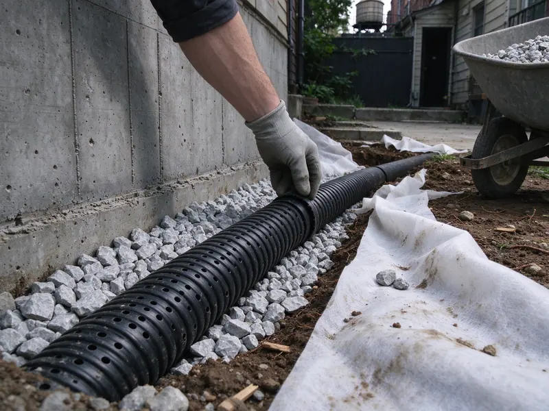 Perforated drain pipe laid on clean crushed stone wrapped in filter fabric behind a new retaining wall in Queens