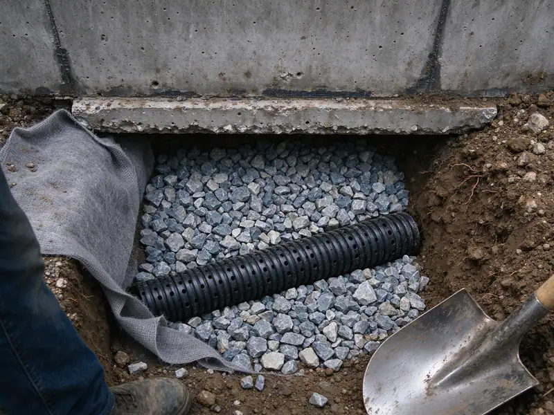 Perforated drain pipe bedded in clean crushed stone and filter fabric behind a retaining wall