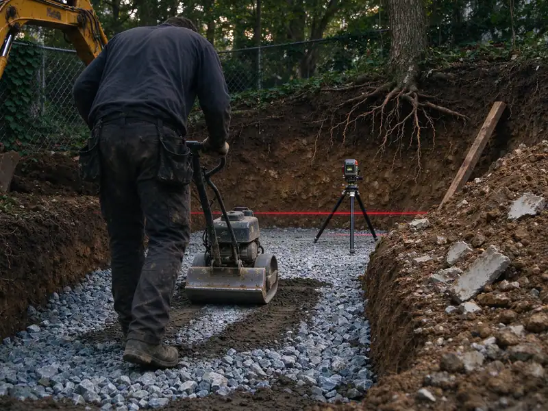 Plate compactor compacting the crushed-stone base for a new retaining wall on Staten Island