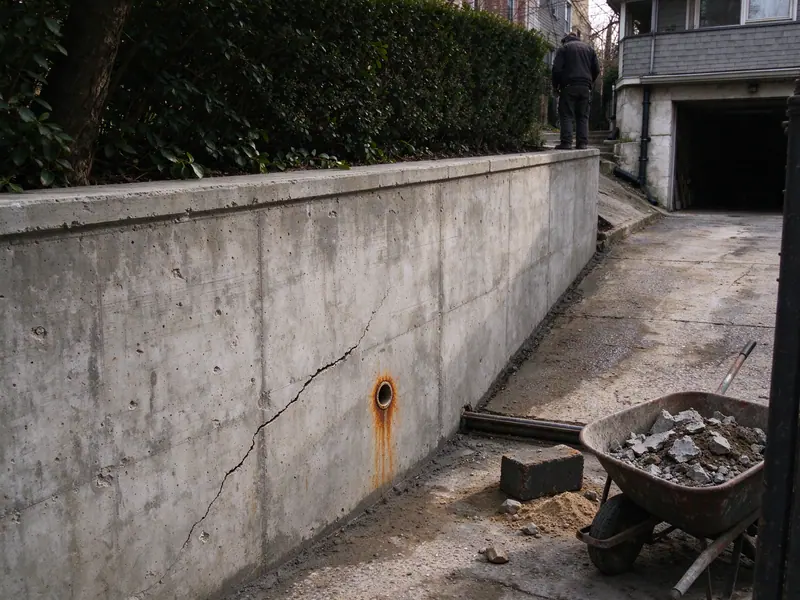 Poured concrete retaining wall beside a driveway that drops below the street in Whitestone