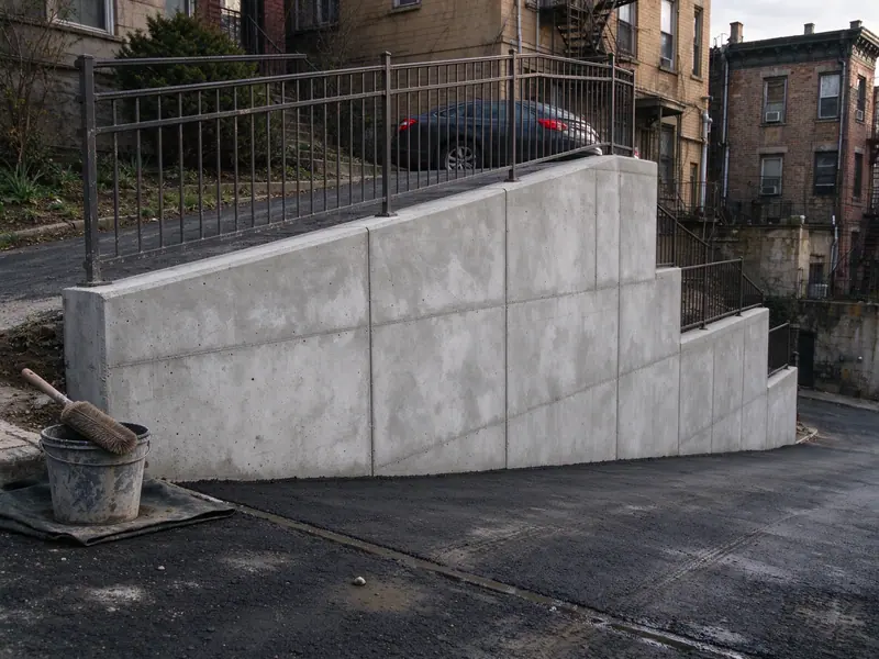 New poured concrete retaining wall running alongside a sloped residential driveway
