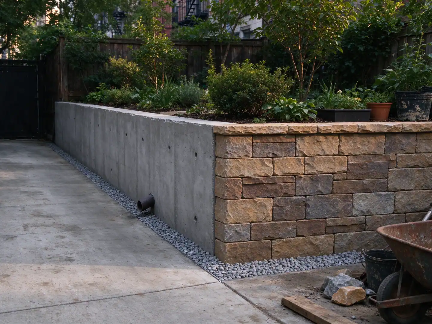 Smooth poured concrete retaining wall meeting a textured segmental block retaining wall in a New York City yard