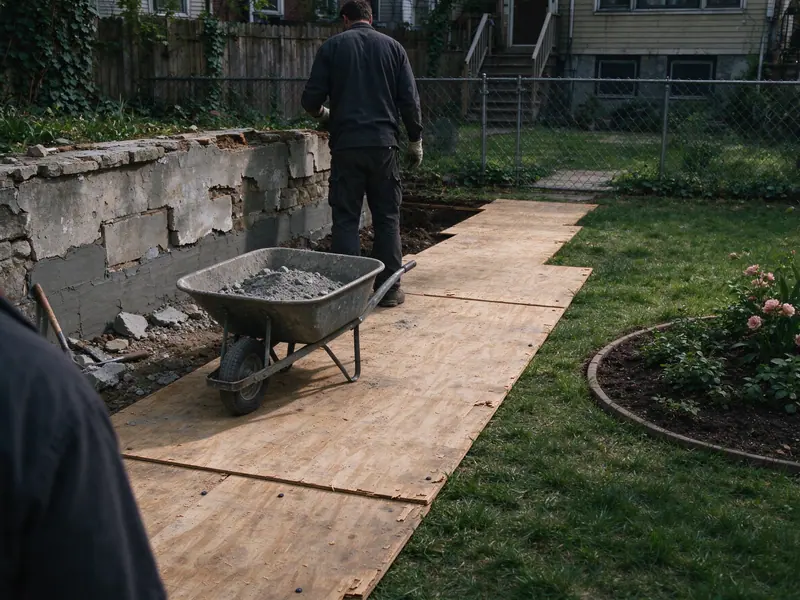 Plywood protection boards laid over a neighbor's lawn during a shared retaining wall repair in Queens