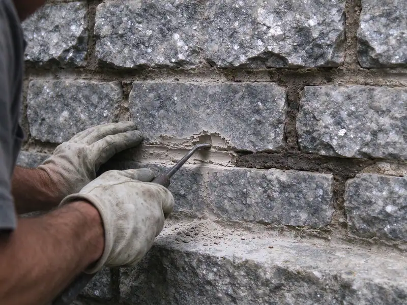 Gloved hands raking out eroded mortar joints in a Manhattan schist retaining wall in Inwood, Manhattan
