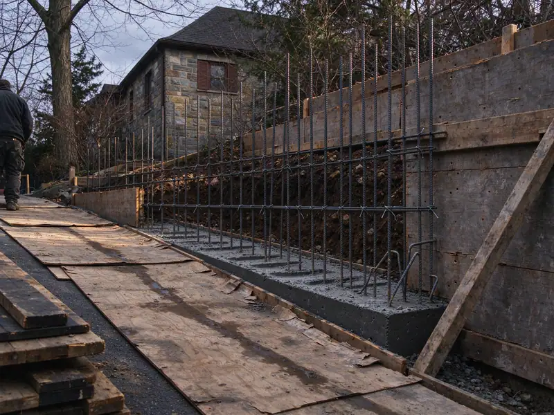 Reinforcing steel and forms for a new retaining wall alongside a driveway in Riverdale, the Bronx