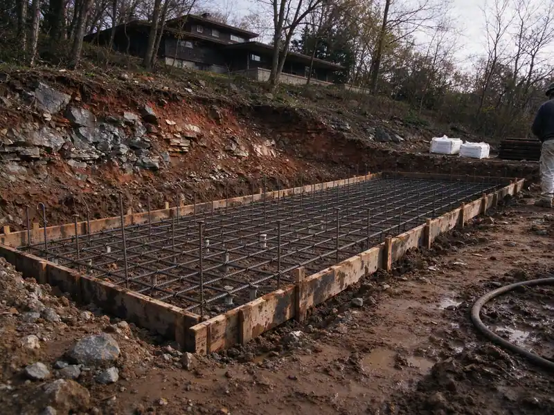 Rebar cage and stem dowels set in an excavated footing trench for a replacement retaining wall on Staten Island