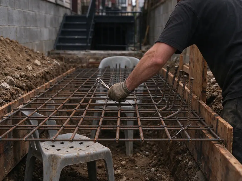 Reinforcing steel mat and vertical stem dowels in the footing for a concrete retaining wall in Queens