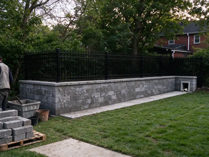 Rebuilt shared retaining wall with a new fence on top between two Staten Island yards