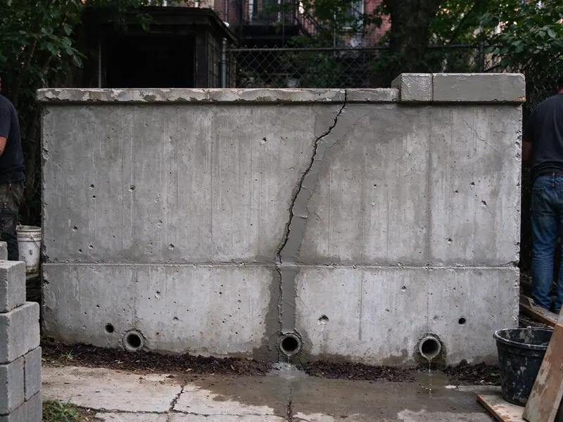 Typical result: the same style of concrete retaining wall after crack repair, cap replacement and cleared weep holes in a Queens yard