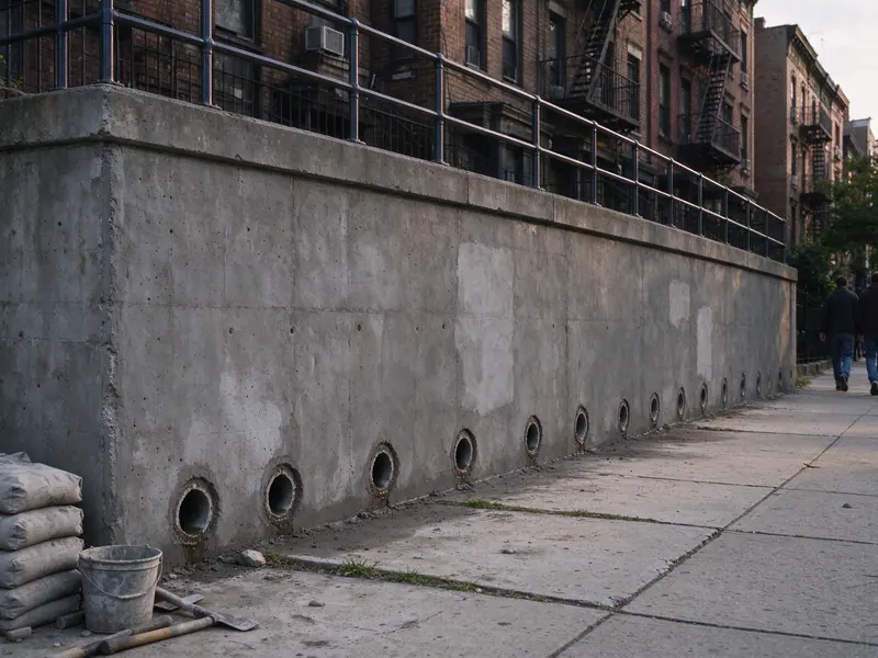 Repaired concrete retaining wall with patched sections and new weep holes along a sidewalk in the West Bronx