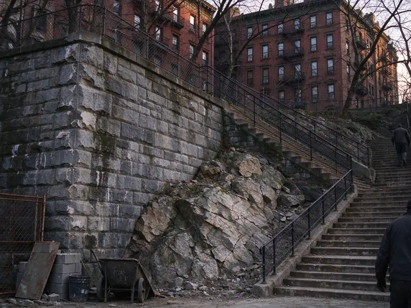 Tall retaining wall and public stairs below apartment buildings on a hillside in Inwood, Manhattan