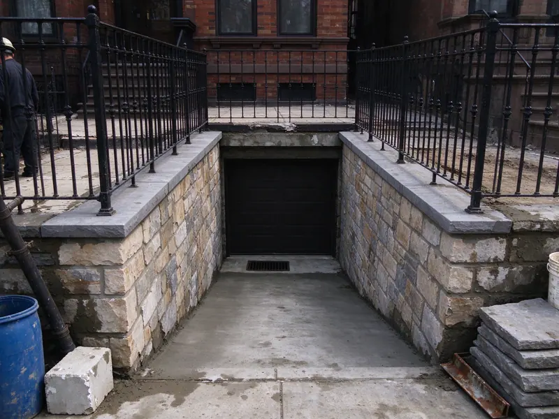 Retaining walls flanking a driveway that slopes down to a below-grade garage in Bay Ridge, Brooklyn