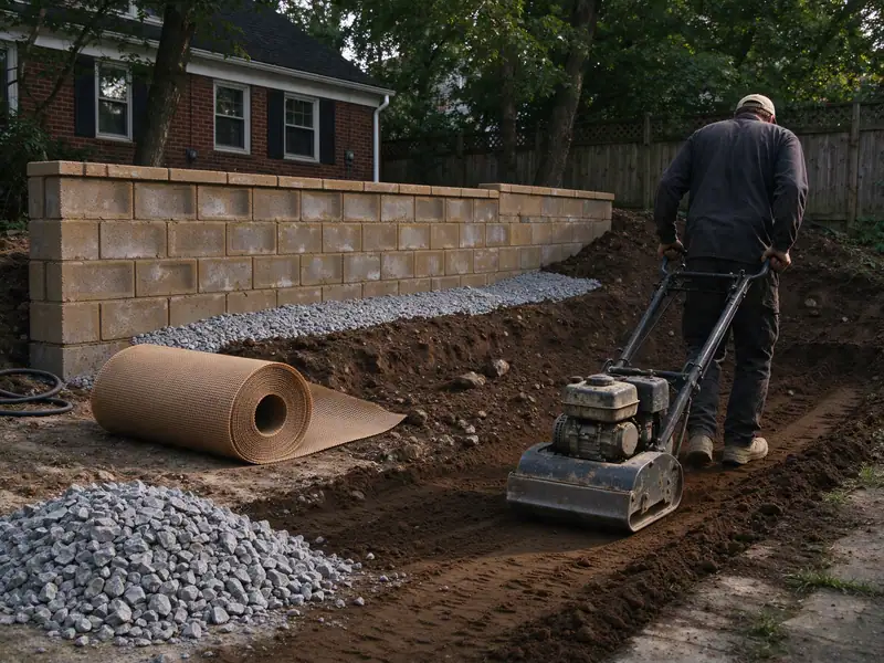 New segmental block retaining wall holding a sloped backyard in Little Neck, Queens
